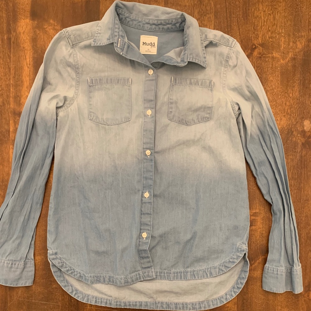 Mudd Girls Long Sleeve Button Down Blouse Denim Color Youth Sz 14